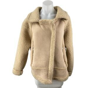 Princess Polly Women's Beige Tan Sherpa Faux Suede Teddy Moto Coat Jacket Size S